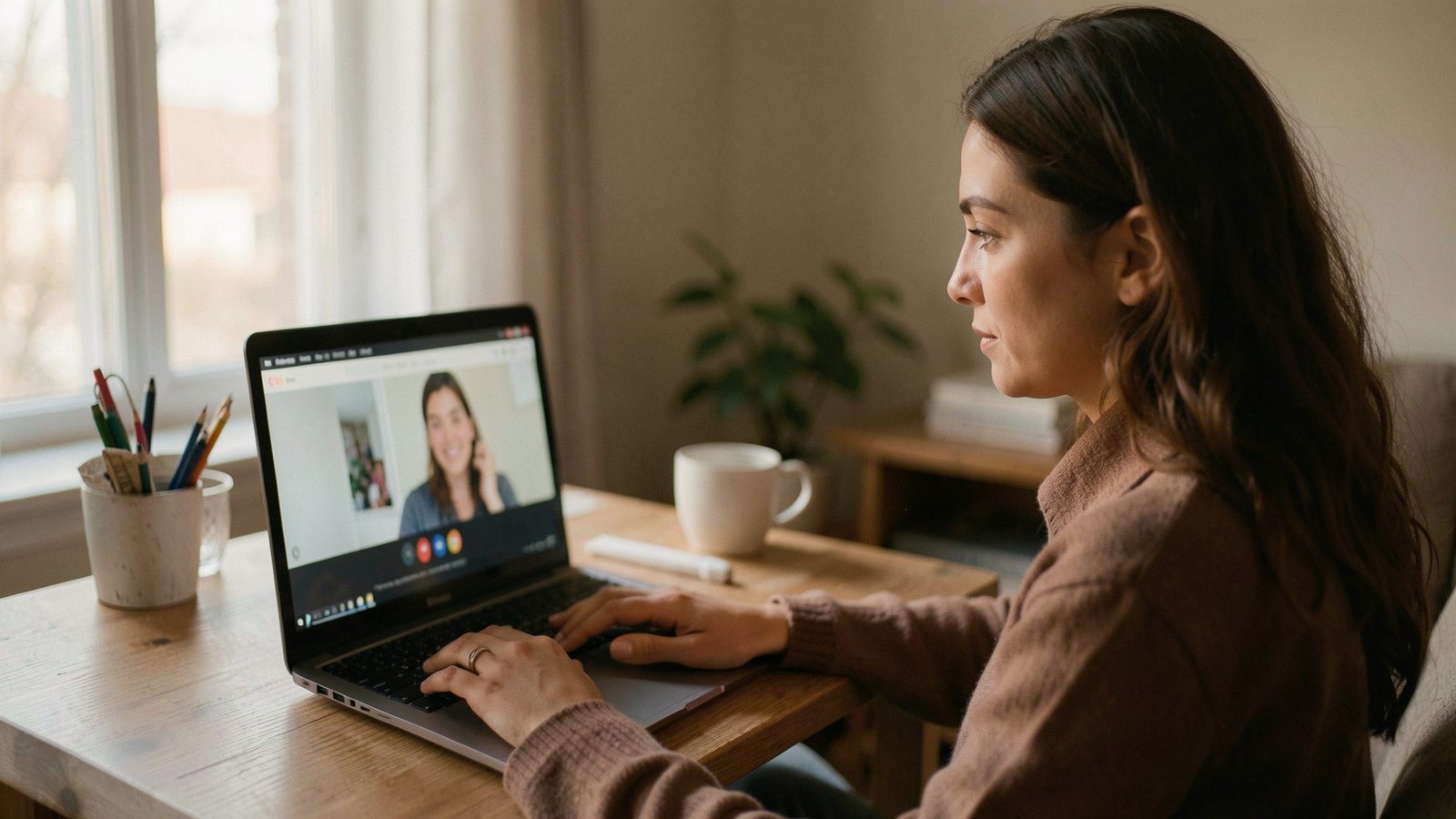 A student taking an online English lesson at home