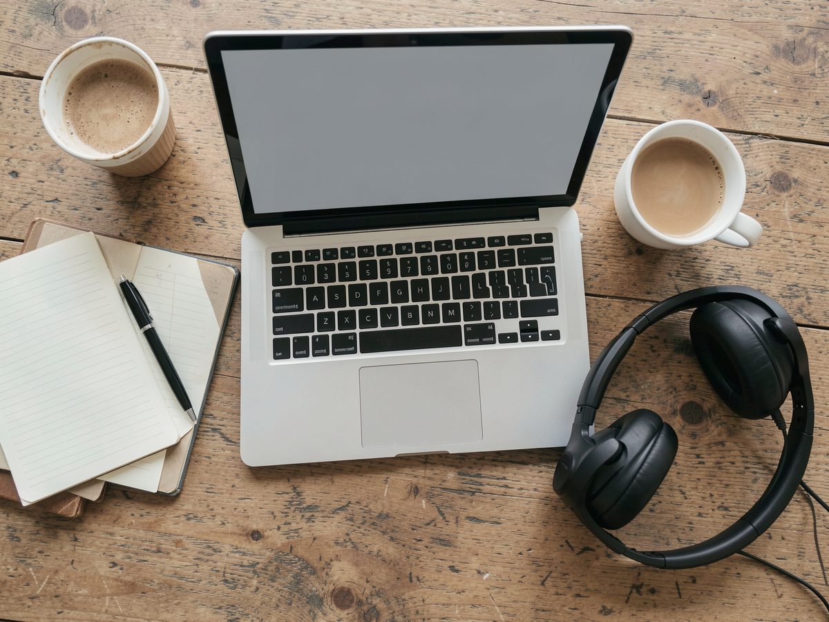 A desk with a laptop, notebook and headphones